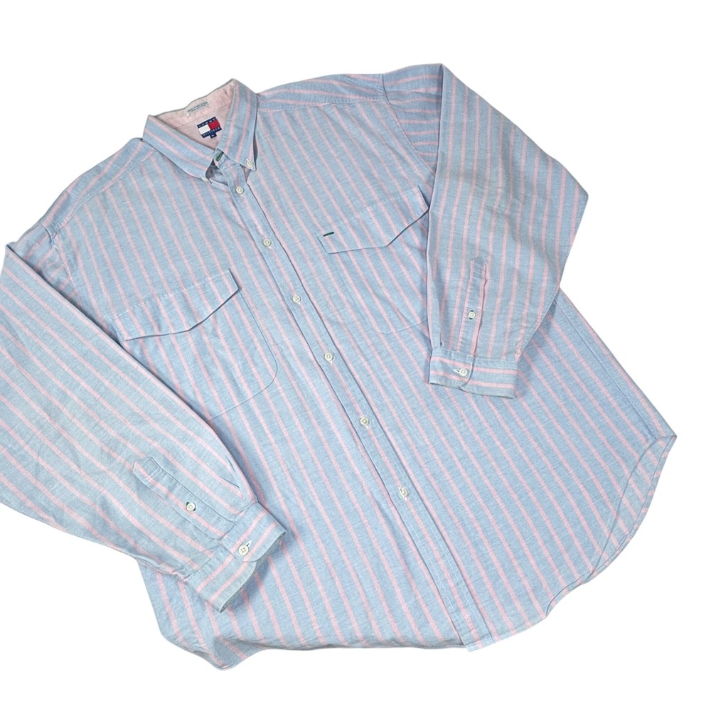 VTG Tommy Hilfiger Button‎ Up Shirt XL Crest Logo Striped 90s Preppy Academia